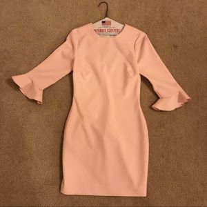 Likely 3/4 sleeve with ruffle blush pink dress